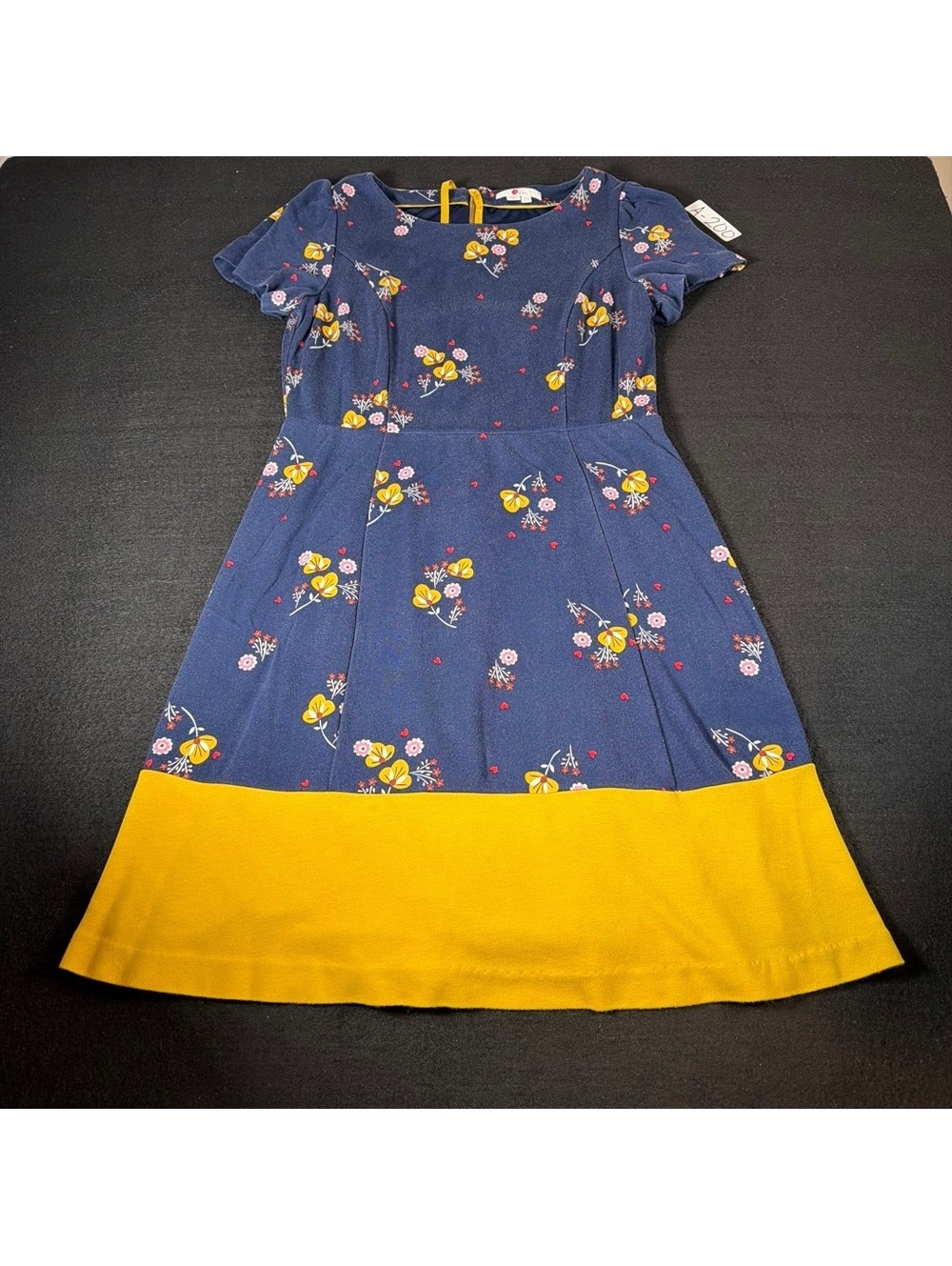 Boden Women’s 10R Dress Navy Floral Mustard Yellow Fit Flare Exposed Zip